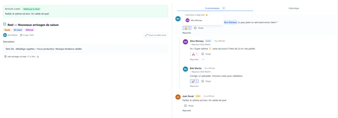 Mishka : une tâche avec le bandeau Validé par le client, et le fil de commentaires où le client, Jean Duval, valide le montage.