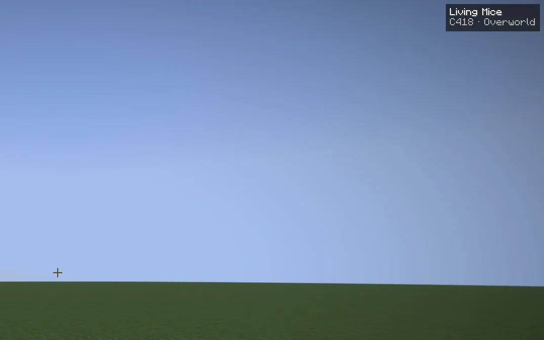 Minecraft, une plaine sous le ciel du soir. En haut à droite, le bandeau du mod affiche le morceau en cours : Living Mice, C418, Overworld.